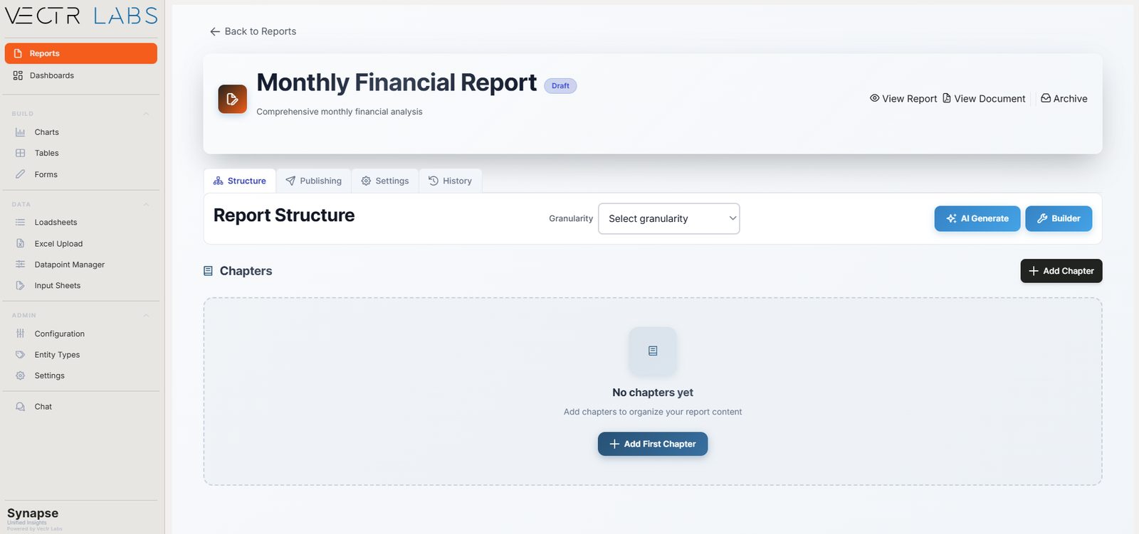 Vectr Synapse report structure builder with AI generate and manual builder options